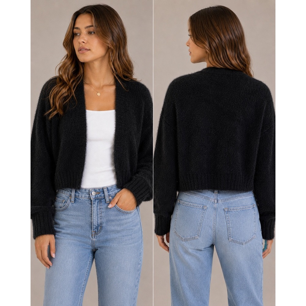Calvin Klein Womens Black Fuzzy Cropped Open Front Cardigan Sweater M Cozycore